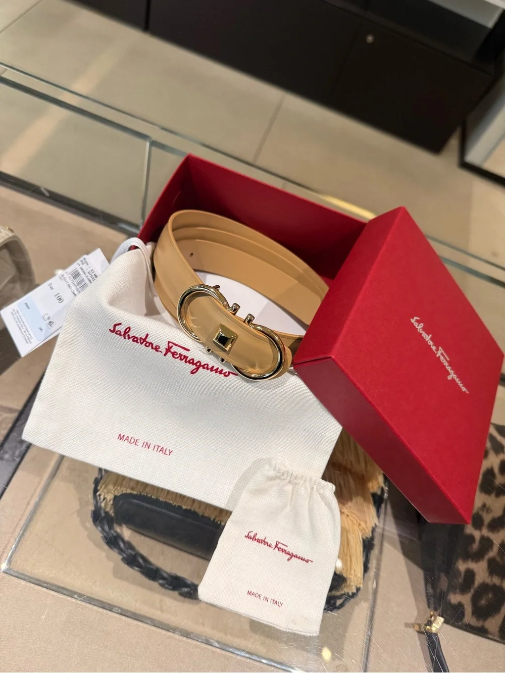 Salvatore Ferragamo Donna H.25 Calfskin Gancini Camel Belt Gold Hardware SZ 100